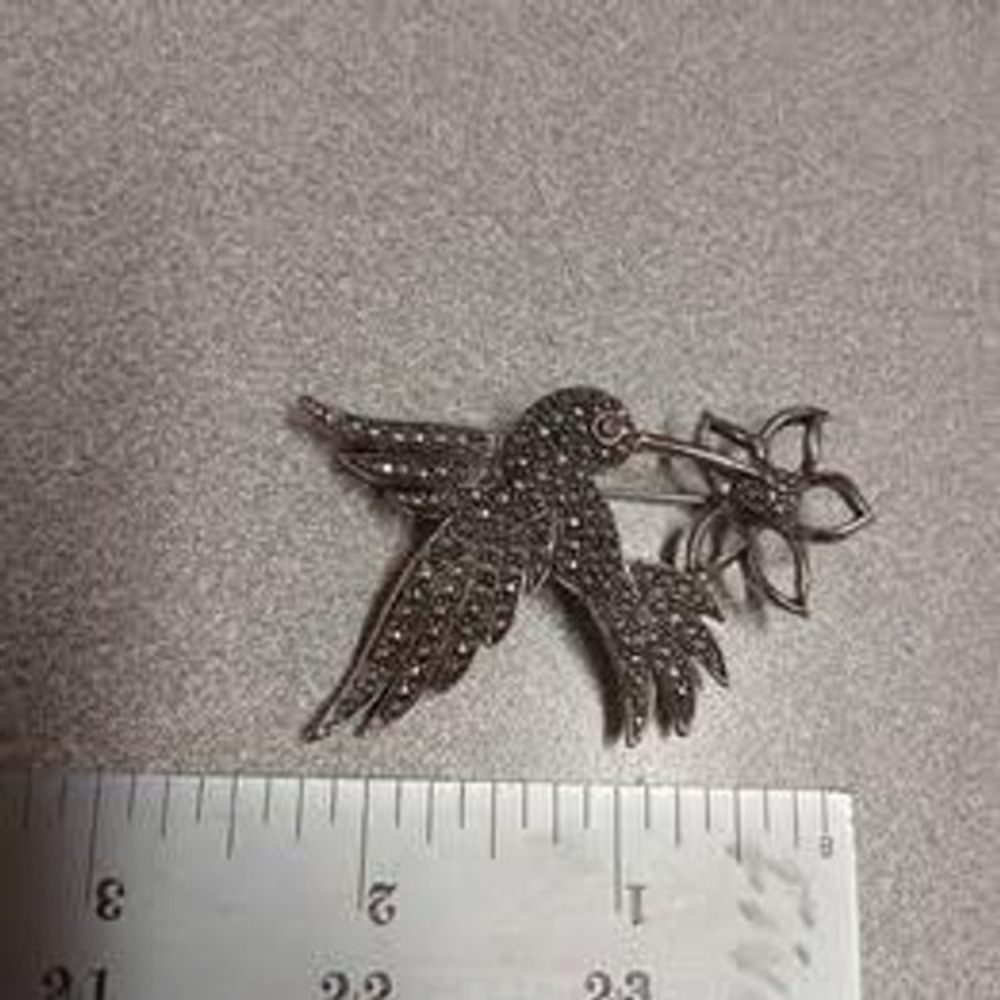 Vintage Avon Brooch Silver Tone Marcasite Hummingbird Flower Pin 2"